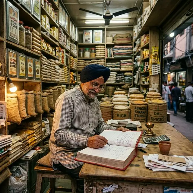 Traditional red bahi khata register used by Indian shopkeepers alongside a mobile phone showing digital khatavni app