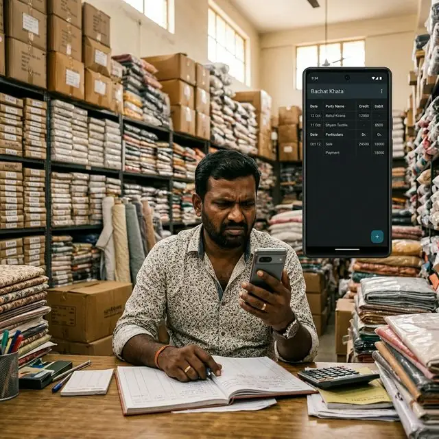 Frustrated Indian business owner looking at a basic ledger app on his phone — illustrating the gap between simple credit tracking apps and real wholesale business needs