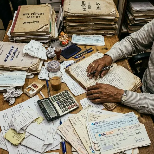 Messy desk with stacks of paper registers, scattered post-dated cheques, and a calculator — showing the daily struggle of manual accounting for Indian MSME businesses