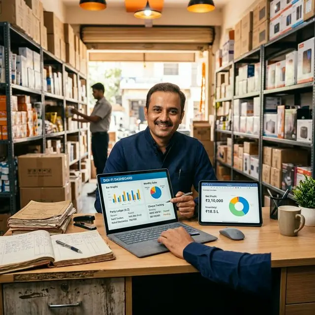 Indian shopkeeper using Muttha Finance digital khatavni on mobile phone — showing party ledger and daily entry features